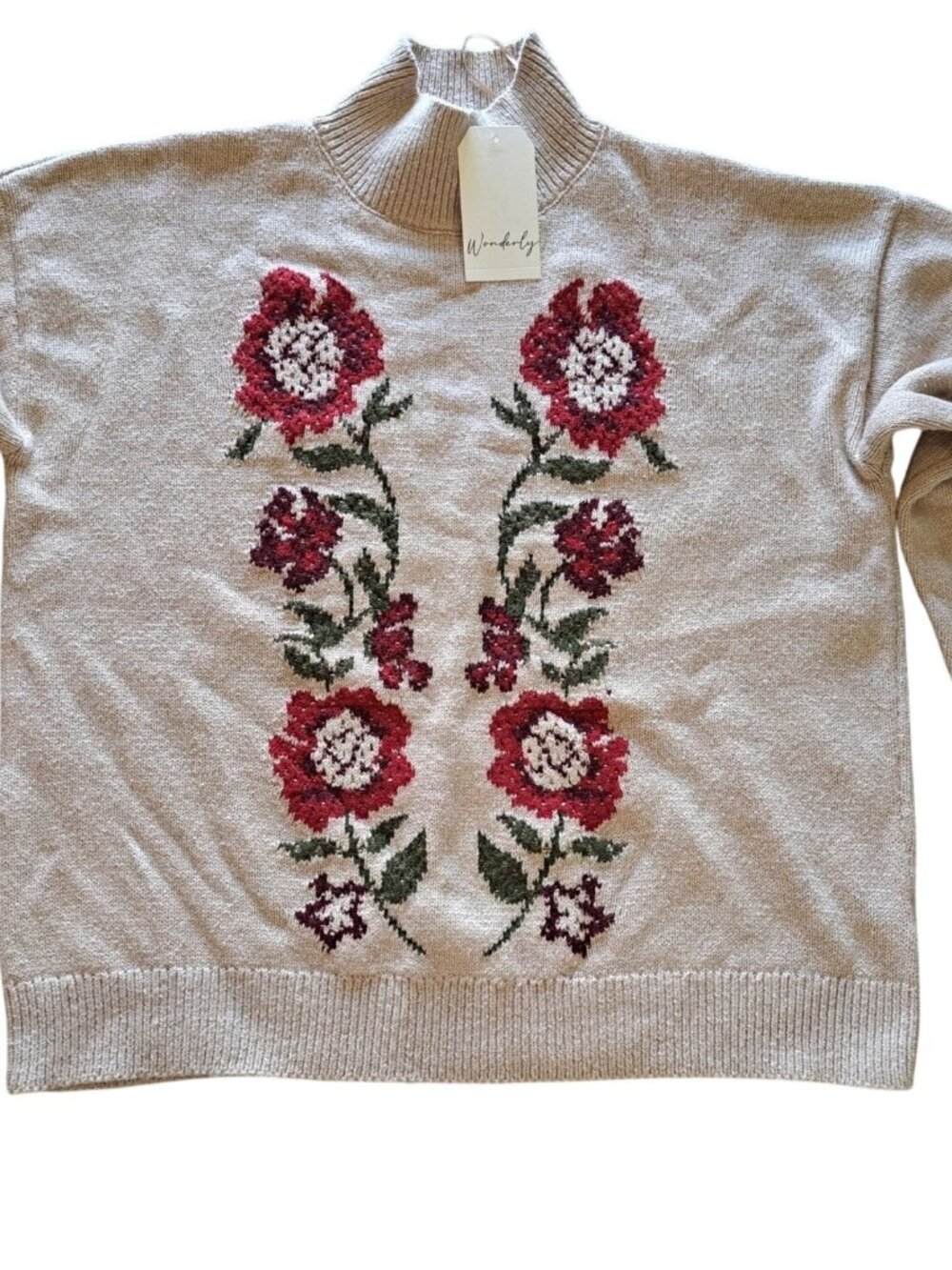 New Wonderly XL Tan Floral Knit Sweater Cottage Coquette Tags Mock Neck Winter